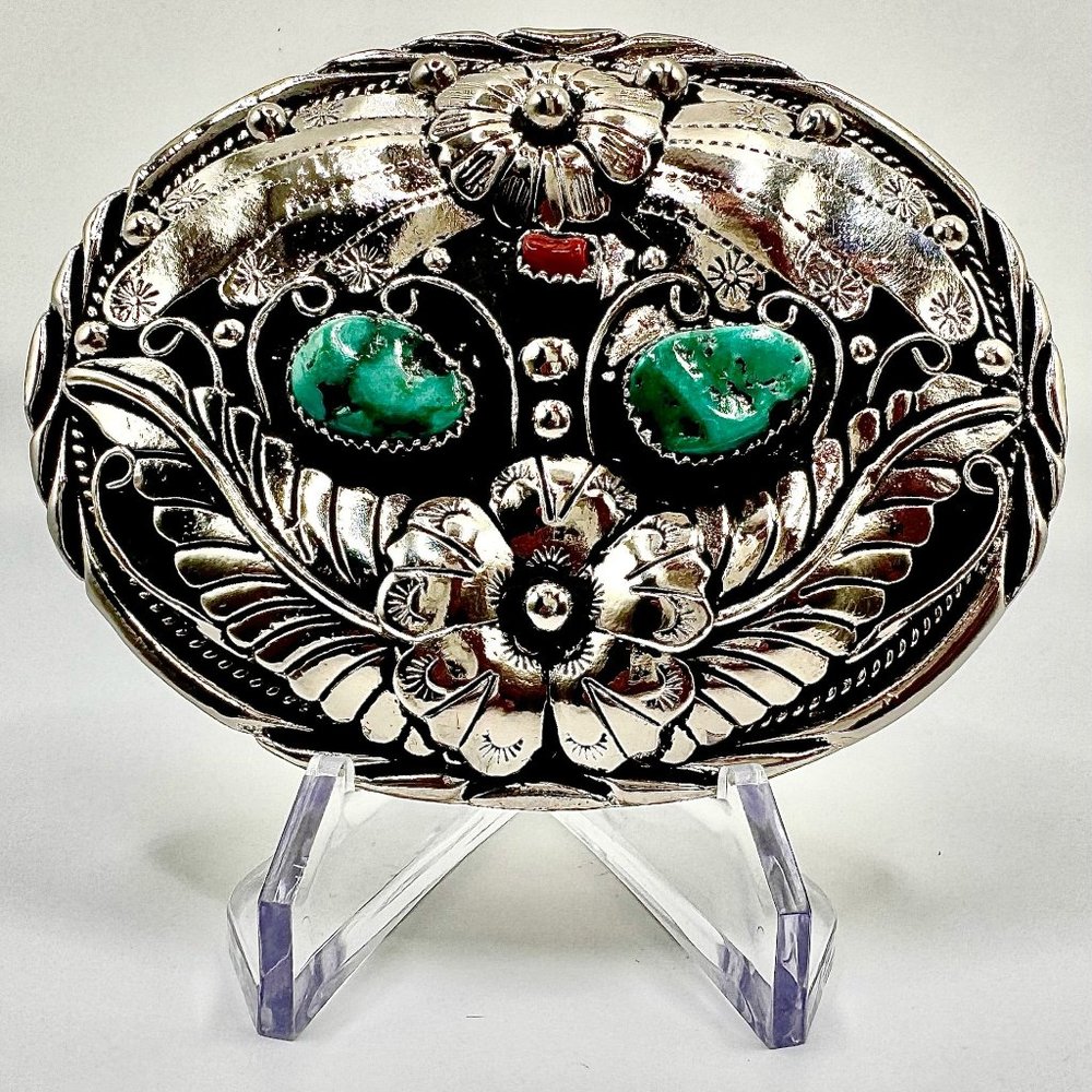 Vintage Handcrafted Navajo Belt Buckle Sterling Silver Turquoise Flowr Men Women